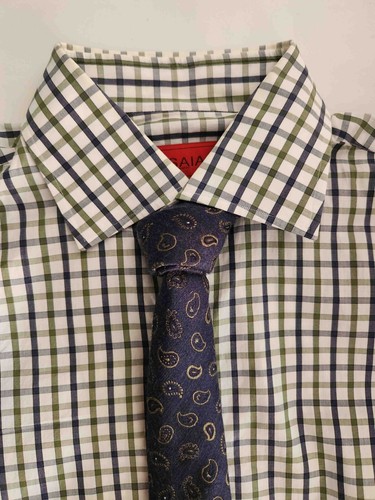 Isaia Tie - Silk & Wool - Blue with green paisley - 8cm (3.2'') - Picture 3 of 9