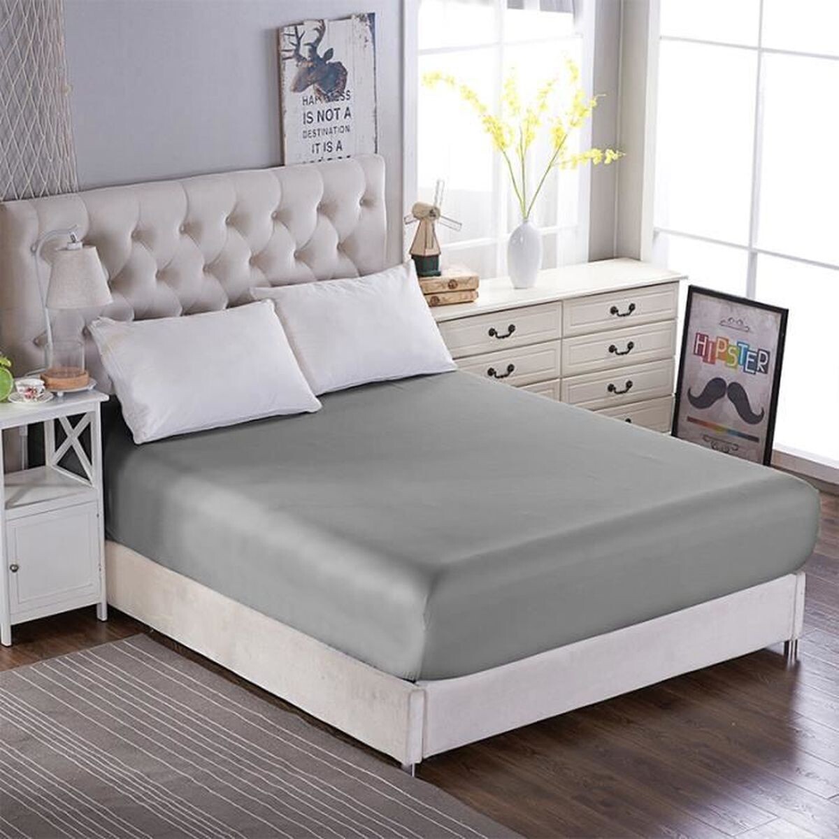 Drap housse 140x200x25 cm microfibre gris drap de lit 2 personnes bonnet 25 cm