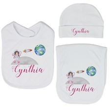 Baby Girl Personalized Custom Astronaut Outer Space Bib and Burp Cloth Set VS2