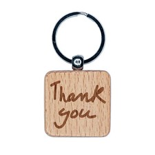 Thank You Handwritten Fun Text Engraved Wood Square Keychain Tag Charm