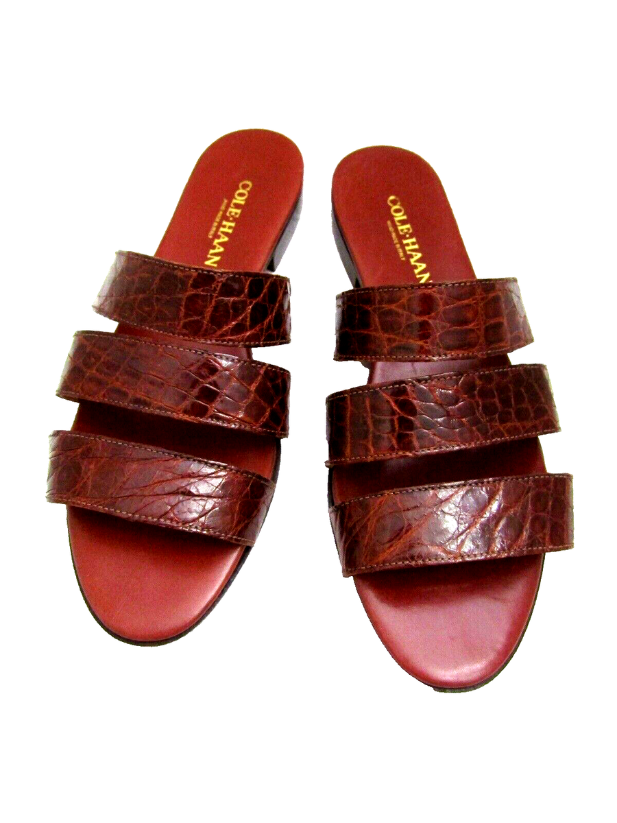 COLE HAAN BROWN LEATHER MOC CROC STRAPPY FLAT Sandals Slides 