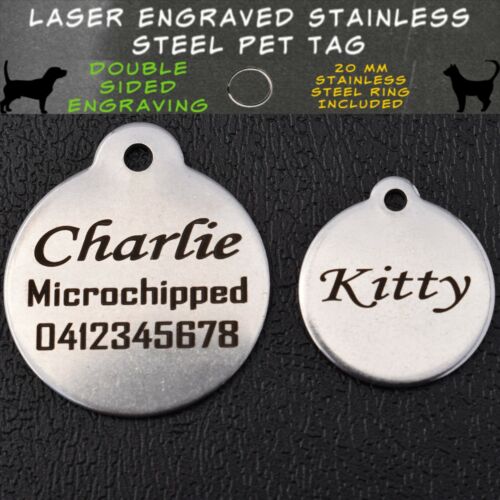 Stainless Steel Circle Pet Tag Double Sided Engraved & ring Dog Cat Name - Picture 1 of 9
