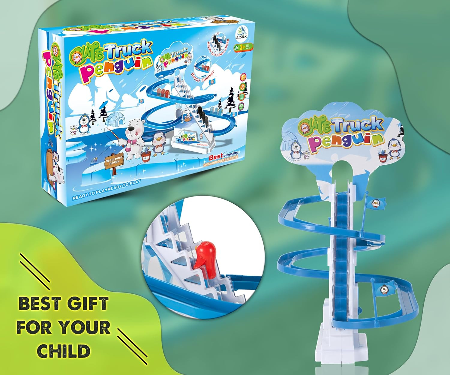 Penguin Race Game Toy Playful Musical Roller Coaster Track Playset with Music & 