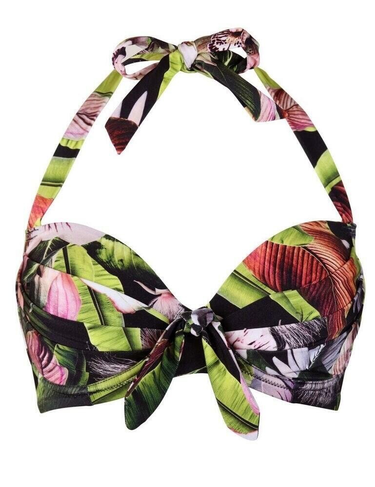 Pour Moi Bikini Top Orchid Luxe Green Floral Size 32E Padded Halter Neck New image 4
