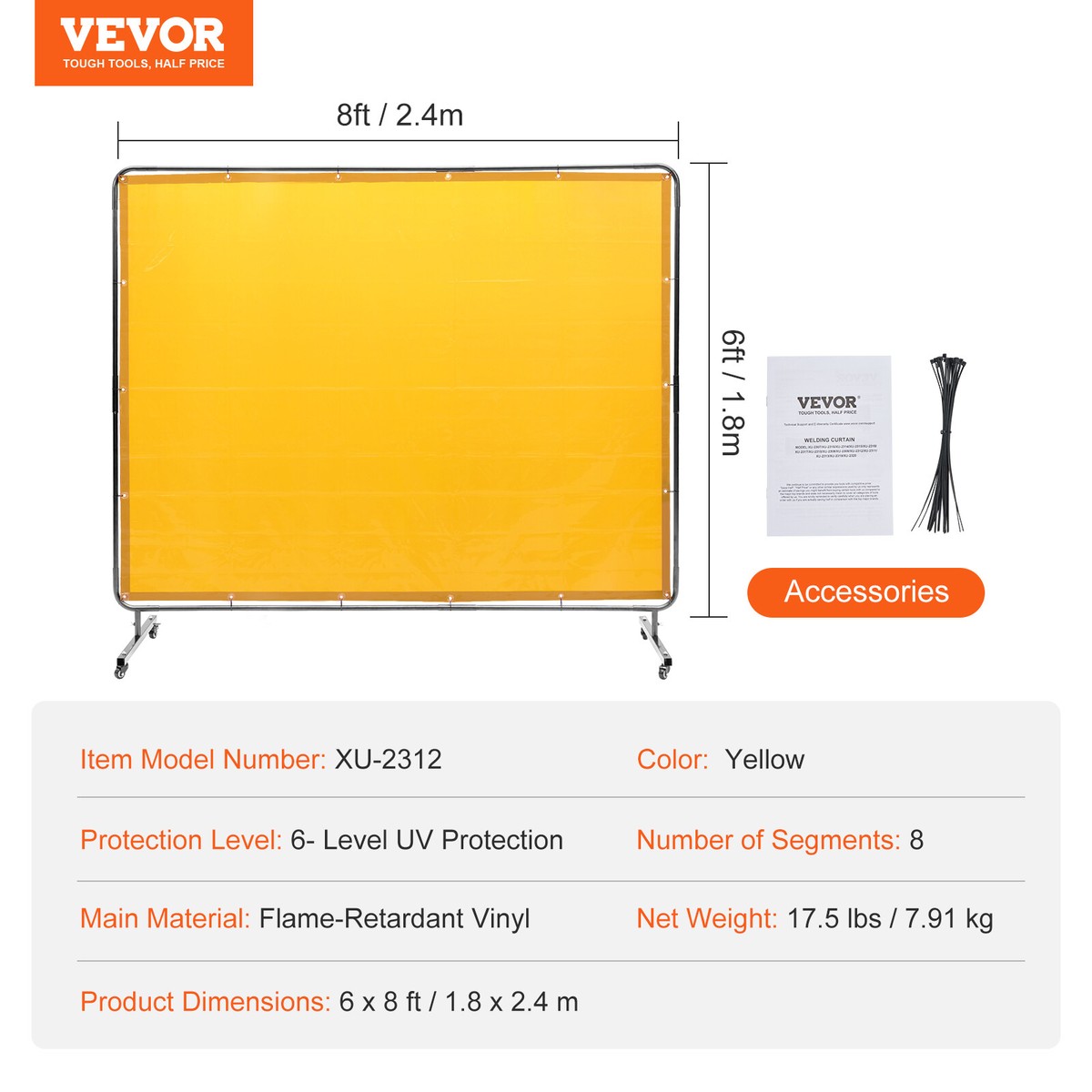 6'x8' Yellow Welding Screen With Frame – 4 Wheels – Flame-Retardant Vinyl – UV Protection