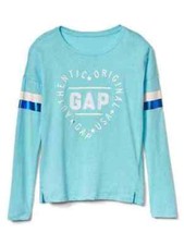New Gap Kids Girls Long Sleeve Heart Graphic Aqua Blue Crew Neck T-shirt 6 7