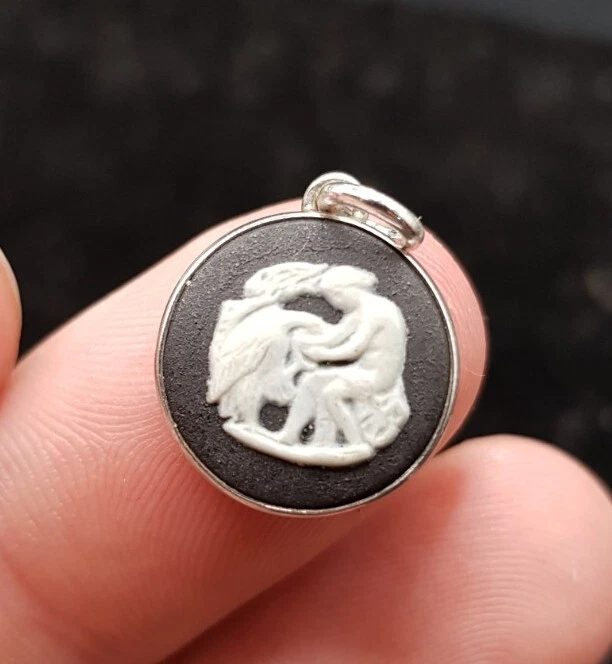 Small English Vintage Sterling 925 Silver Black Wedgwood Pottery Pendant Charm
