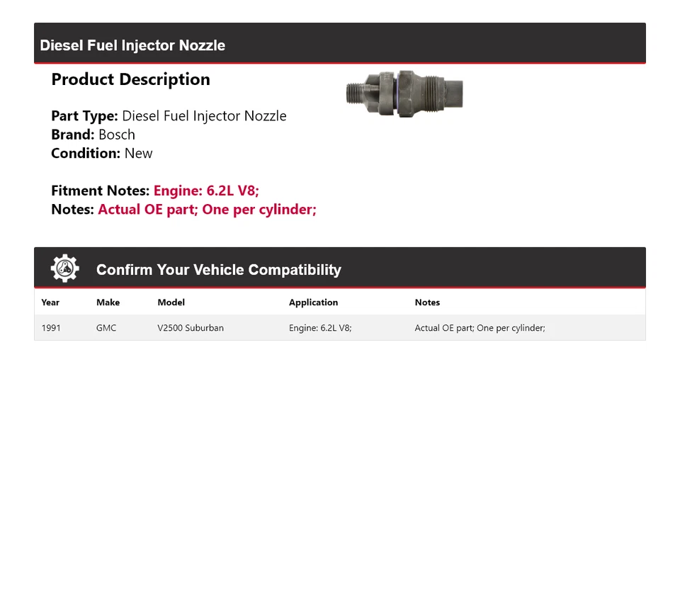 Boquilla inyectora de combustible diésel Bosch 6,2 L V8 1991 GMC V2500 Suburban Foto 2 de 4