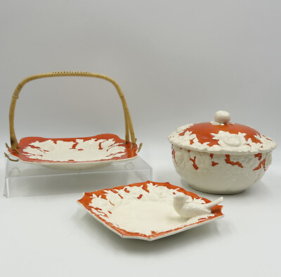 Antique 1920's MORIYAMA Mori-Machi Pottery Orange Red White SET OF