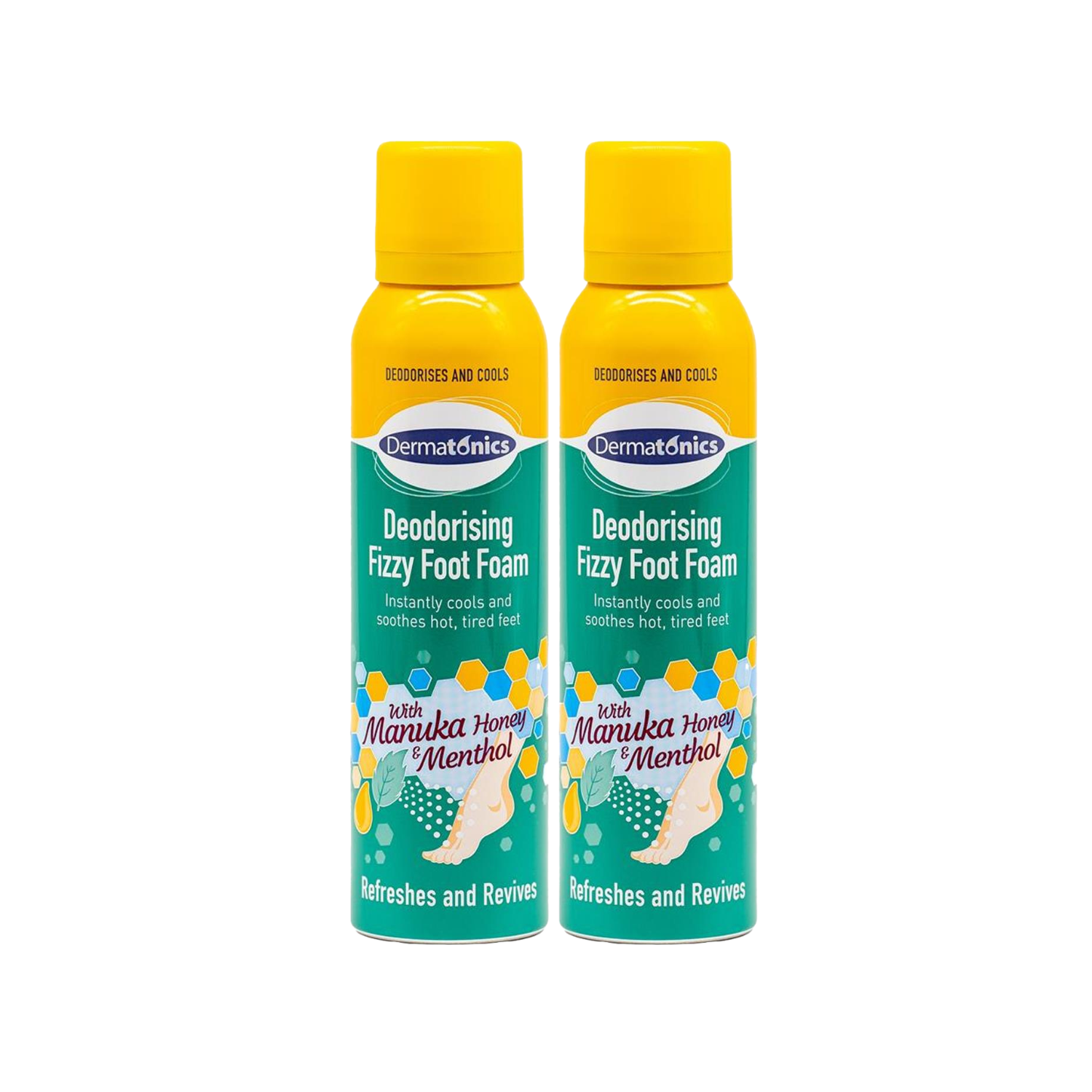 Dermatonics Deodorising Fizzy Foot Foam 150ml - Menthol Cooling Spray x2 Pack