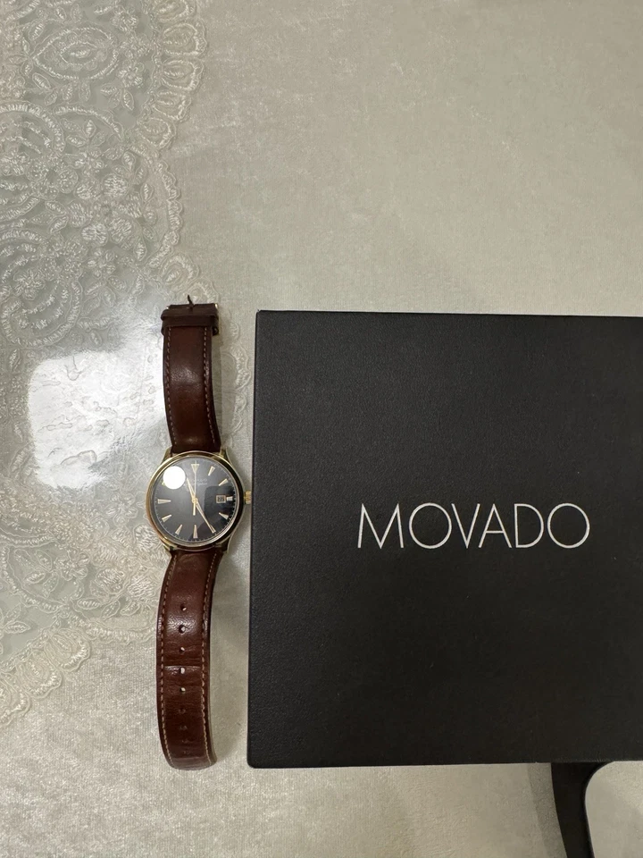 Movado Gold-Tone Heritage Series Calender Black Dial Leather Strap Men’s Watch - Image 3 of 3