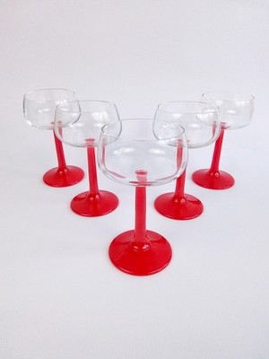 5er Set rote Stielbecher Sektgläser Glas Italy Barware 70er Pop Design