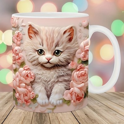 Cute Kitten Floral Mug, Adorable Cat & Rose Design Ceramic Cup, Gift fo cat love