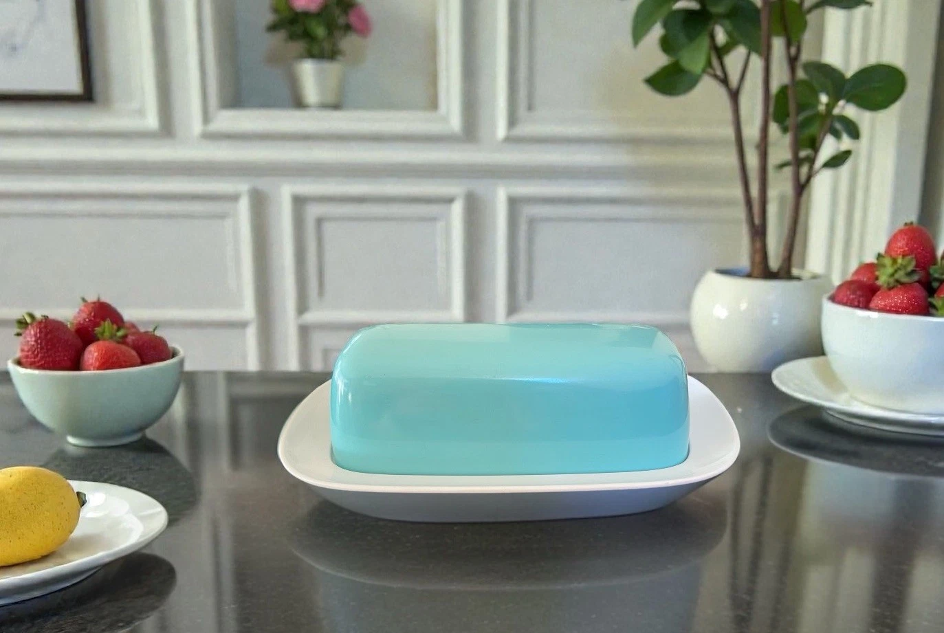 Vintage MCM Royal China Blue/Turquoise Lidded Covered Ironstone Butter Dish