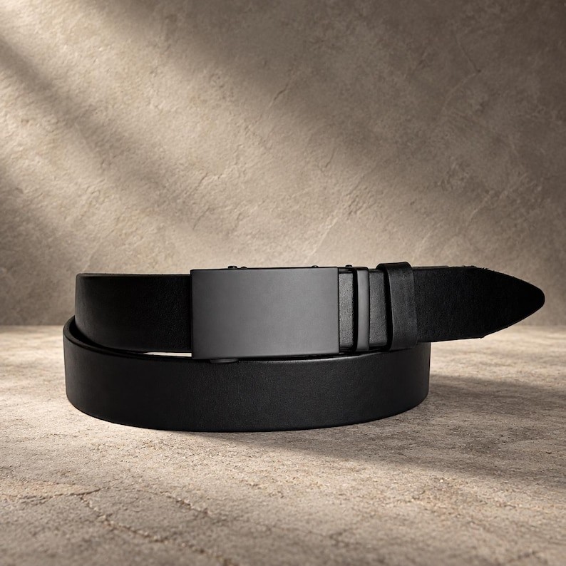 Men's Leather Ratchet Belt Automatic Buckle Black Adjustable