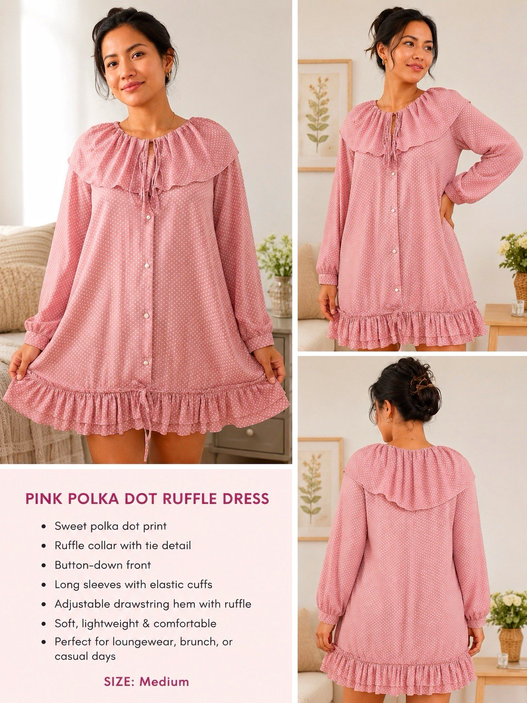 MUMU HOME Pink Polka Dot Ruffle Dress Size M Medium Cottagecore Loungewear Brunc