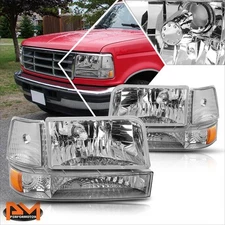 For 92-96 Ford F150/F250/F350 Chrome Housing Headlight Amber Corner Signal Lamps