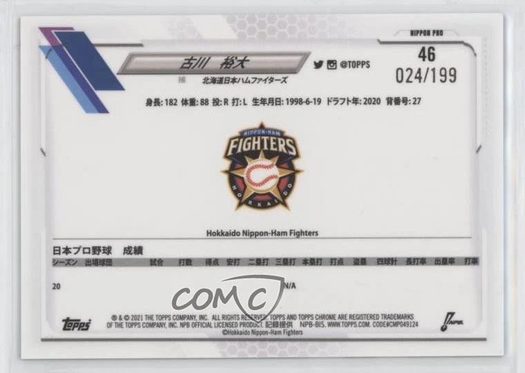 2021 Chrome NPB Nippon Professional Baseball Aqua Refractor /199 Yudai Furukawa - Image 2 of 2