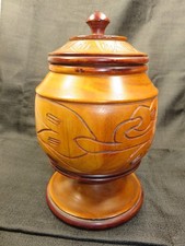 Vintage Hand Carved Wooden Lathe Turned Jar Decor With Lid Floral Leaves Motif