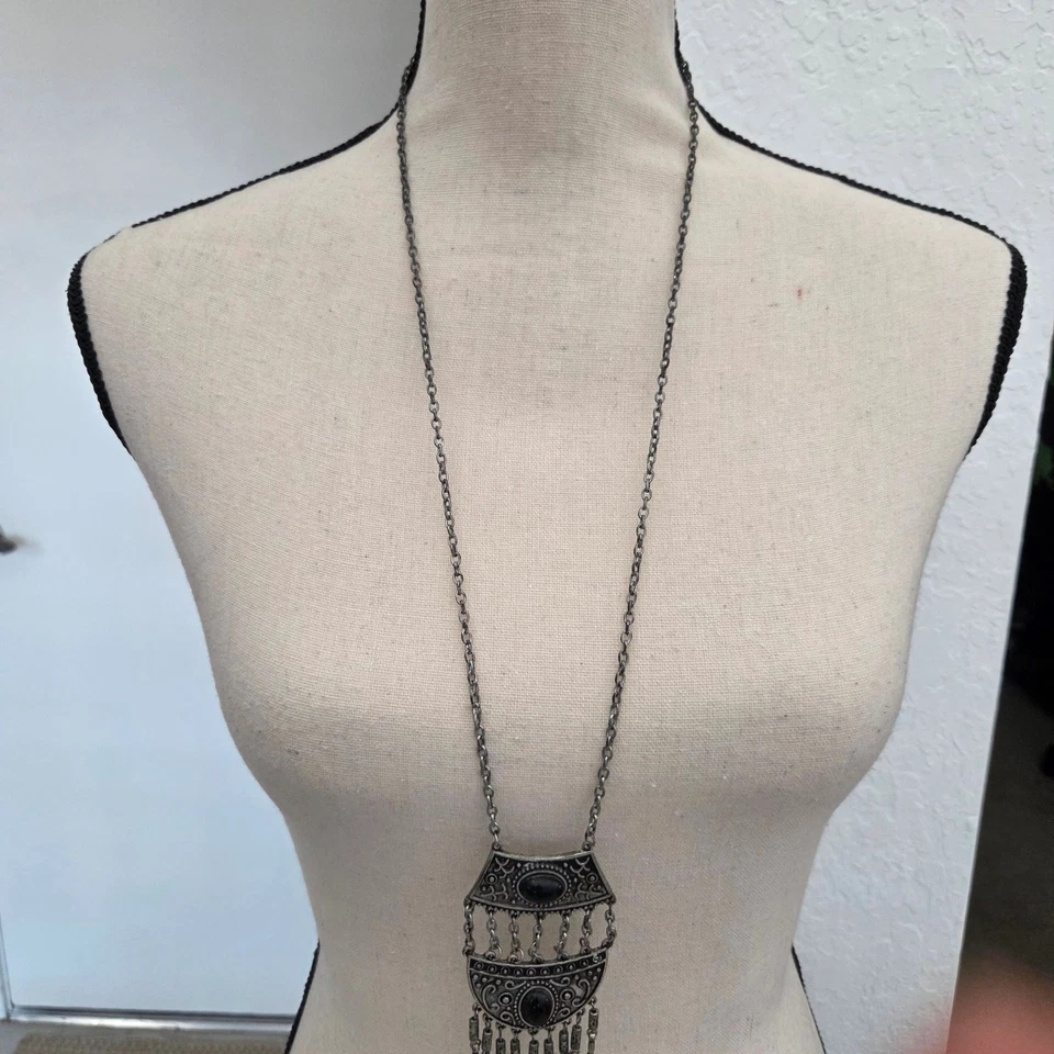 Statement 项链长链或短链吊坠银色黑石西部波西米亚 — 第 3/4 张图片