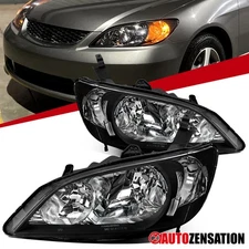 Fit 2004-2005 Honda Civic Coupe Sedan Black Headlights Assembly Left+Right 04-05