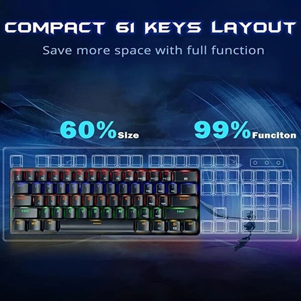 Wired 60% Mechanical Gaming Keyboard - Low Profile Blue Switches - RGB Backlit - Image 4 of 4