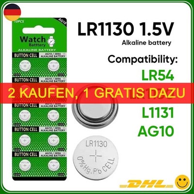 10er Pack 1.5V LR1130 LR54 L1131 Akku AG10 Knopfzelle Blister Alkaline Batterie