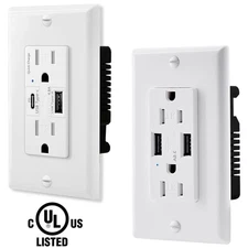 3.6A Dual USB Wall Outlet Charger Port 15Amp Electrical Duplex Receptacles White