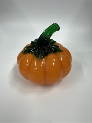 Blown Art Glass Orange Pumpkin W/ Green Stem Fall Autumn Farm Country Decor Sm.