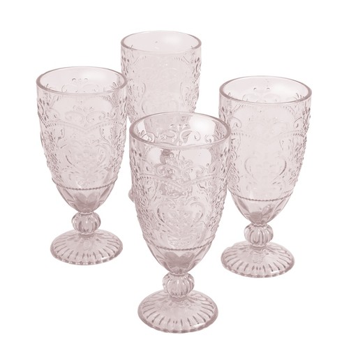 Elegant Glass Goblet Set 4-Piece Embossed Rose Pink Drinkware Dishwasher Safe US - Picture 7 of 21