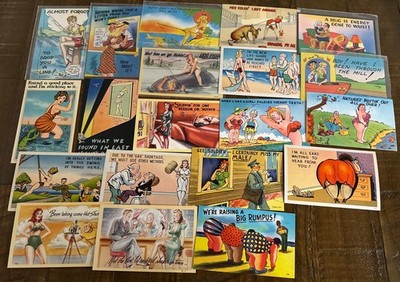 Lot of 23 Risque Sexy Vintage Comic Linen Postcards~Funny Humor~Unused~r56