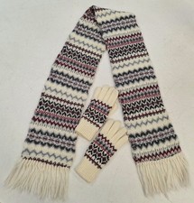 Vintage Aris Knit Scarf Gloves Multicolor Red White Gray Black Fringe USA