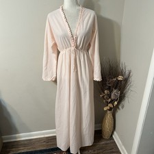 Vtg Miss Elaine Soft Brushed Vneck Long Pink Sleep Nightgown Satin Trim Sz L USA