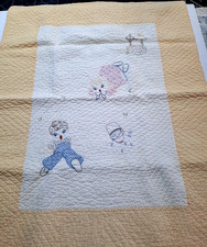 Vintage HandQuilted  Embroidered Baby Quilt Yellow  White 'Jack n Jill' 30x41