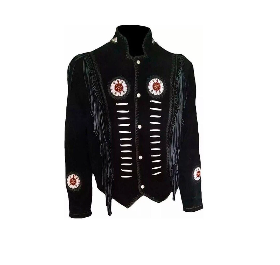 Men’s Black Suede Fringe Western Cowboy Jacket Beaded Native American Coat