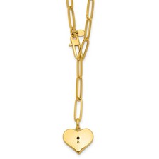 14k Yellow Gold Polished Paperclip with Heart Drop Adjustable Necklace 20"
