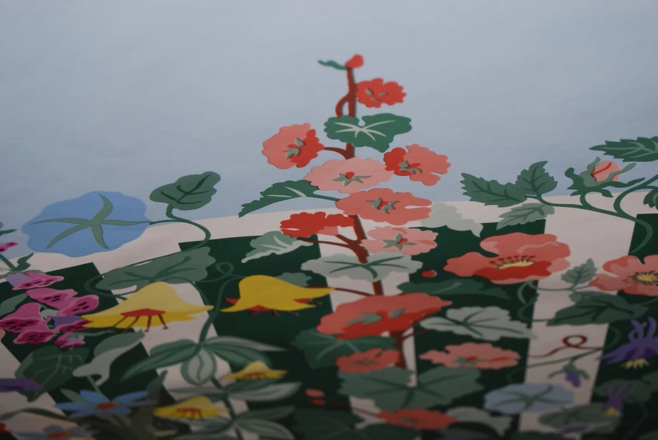 Papel Pintado Brewster's Floral Jardín Azul, Salmón, Flores Amarillas W1068 Foto 4 de 4