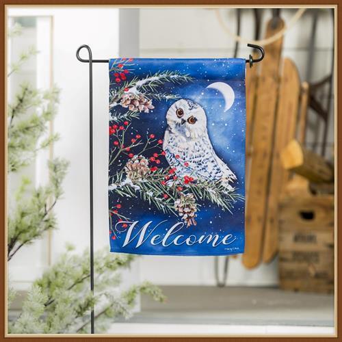 EVERGREEN GARDEN FLAG * OWL'S WINTER GREETING * SUEDE LINEN COLLECTION - NEW - Picture 3 of 4