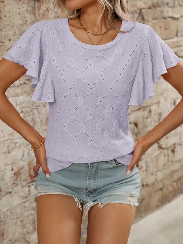 Women's Eyelet Round Neck Flutter Sleeve Top - 5 Colors - S-2XL - Picture 7 of 38