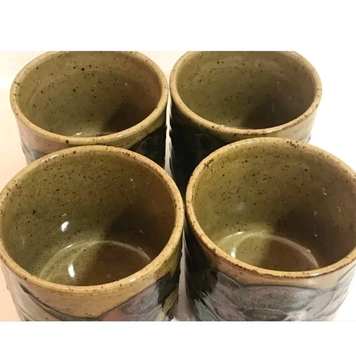 Tigelas de chá japonesas esmalte salpicado pintado à mão flores roxas vintage 4 xícaras de chá  - Imagem 3 de 4