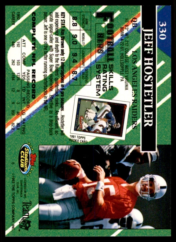 1993 STADIUM CLUB JEFF HOSTETLER LOS ANGELES RAIDERS #330 - Image 2 of 2