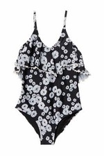 Raisins Girl's 12 1 Pc Black White Emmy Las Flores Swimsuit NWT Ruffle