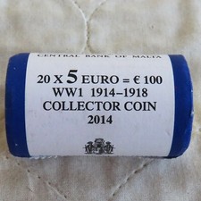 MALTA 2014 5 EURO WWI UNOPENED BANK ROLL OF 20 - central bank of malta