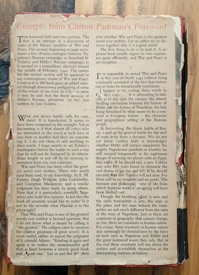 War and Peace By Leo Tolstoy Inner Sanctum Edition Hardcover 1st Edition 1942  - Image 3 of 4