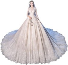 GREOENEL AMOR Beading Sequined Appliques Lace V-Neck Ball Gown Wedding Dress