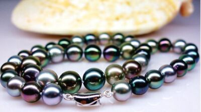 18''9-11mm Natura South Sea Genuine Black Peacock Green Blue Round Pearl Necklace