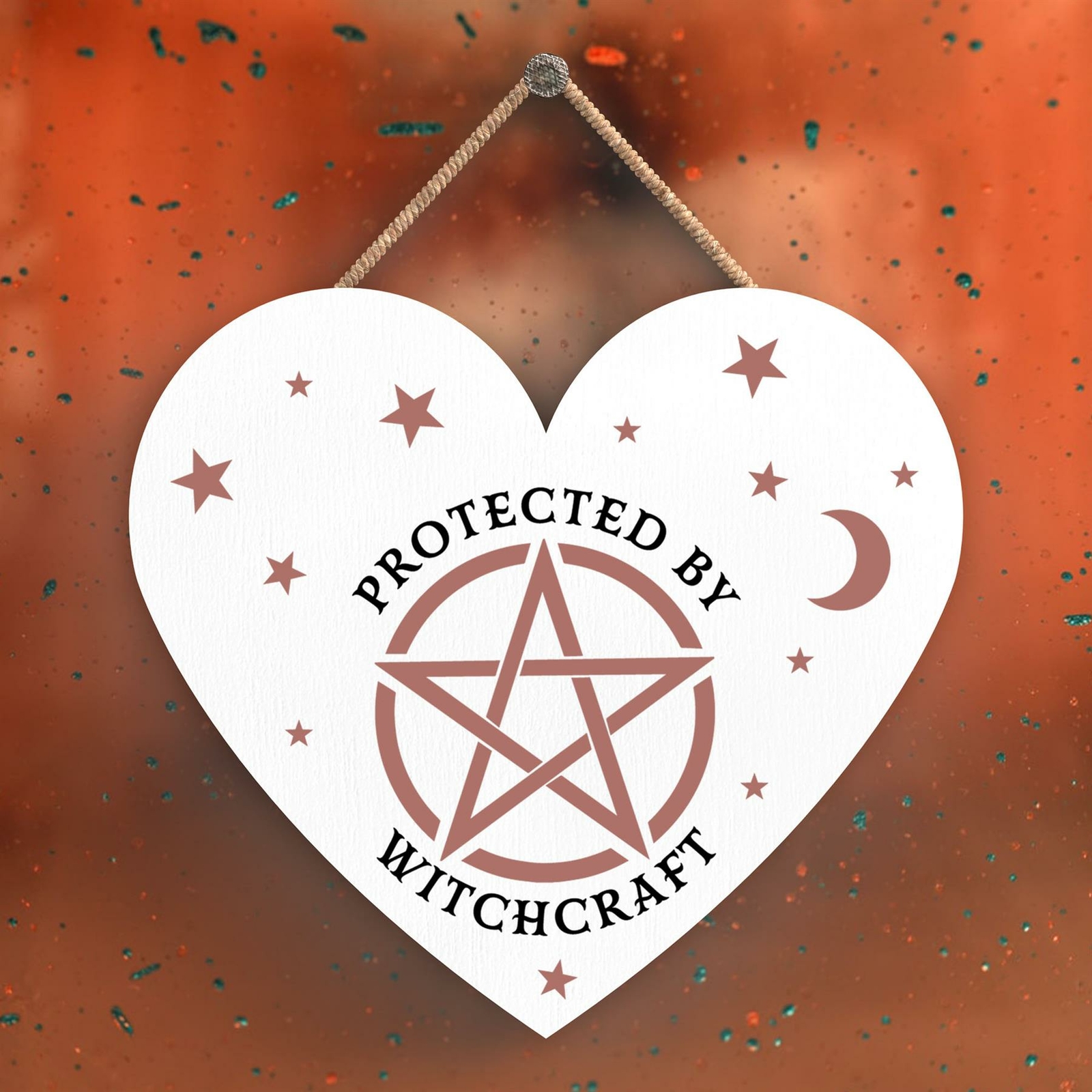 PROTECTED BY WITCHCRAFT HEART SHAPED WITCHCRAFT THEMED HALLOWEEN WOODEN PLAQUE