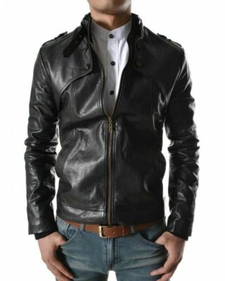 New Men's Genuine Soft Lambskin Leather Jacket Black Slim fit Motorcycle Jacket