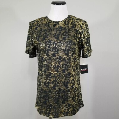 NWT Notations Petite Top Small Vintage 90s Gold Metallic Damask Floral Blouse