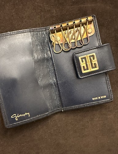 Vintage Givenchy Blue Leather Canvas Logo Wallet Key Holder Gold Hardware - Picture 8 of 10